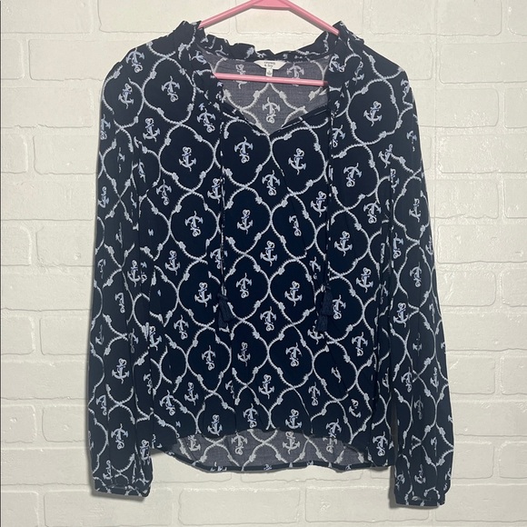 crown & ivy Tops - Crown & Ivy Navy Blue Long Sleeve Blouse Work Shirt Cotton Anchors Large
